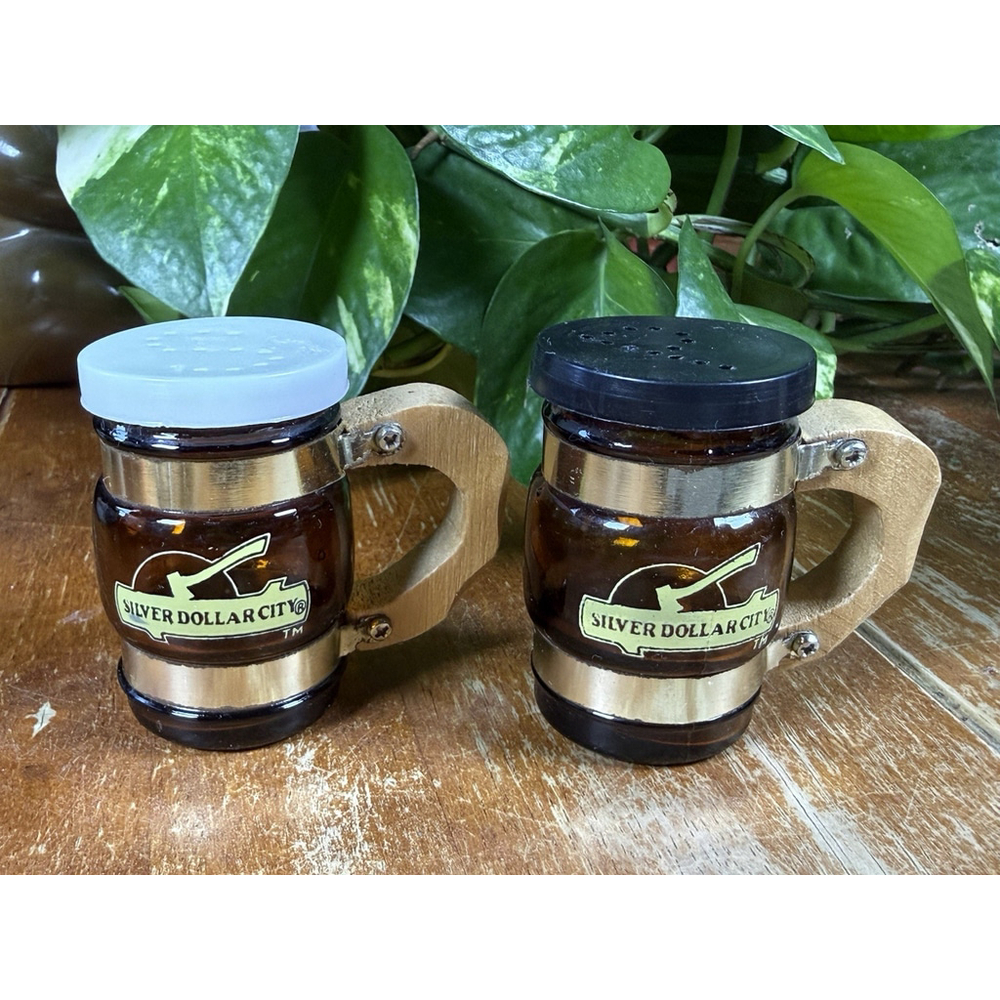Vintage Silver City Salt & Pepper Shakers Barrel Mug with Wooden Handles 2.5”